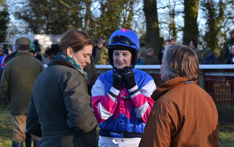 Instructions for Ally Stirling before the AGA ladies open from trainer Victoria Collins (left) and owner Sarah Dawson (right)